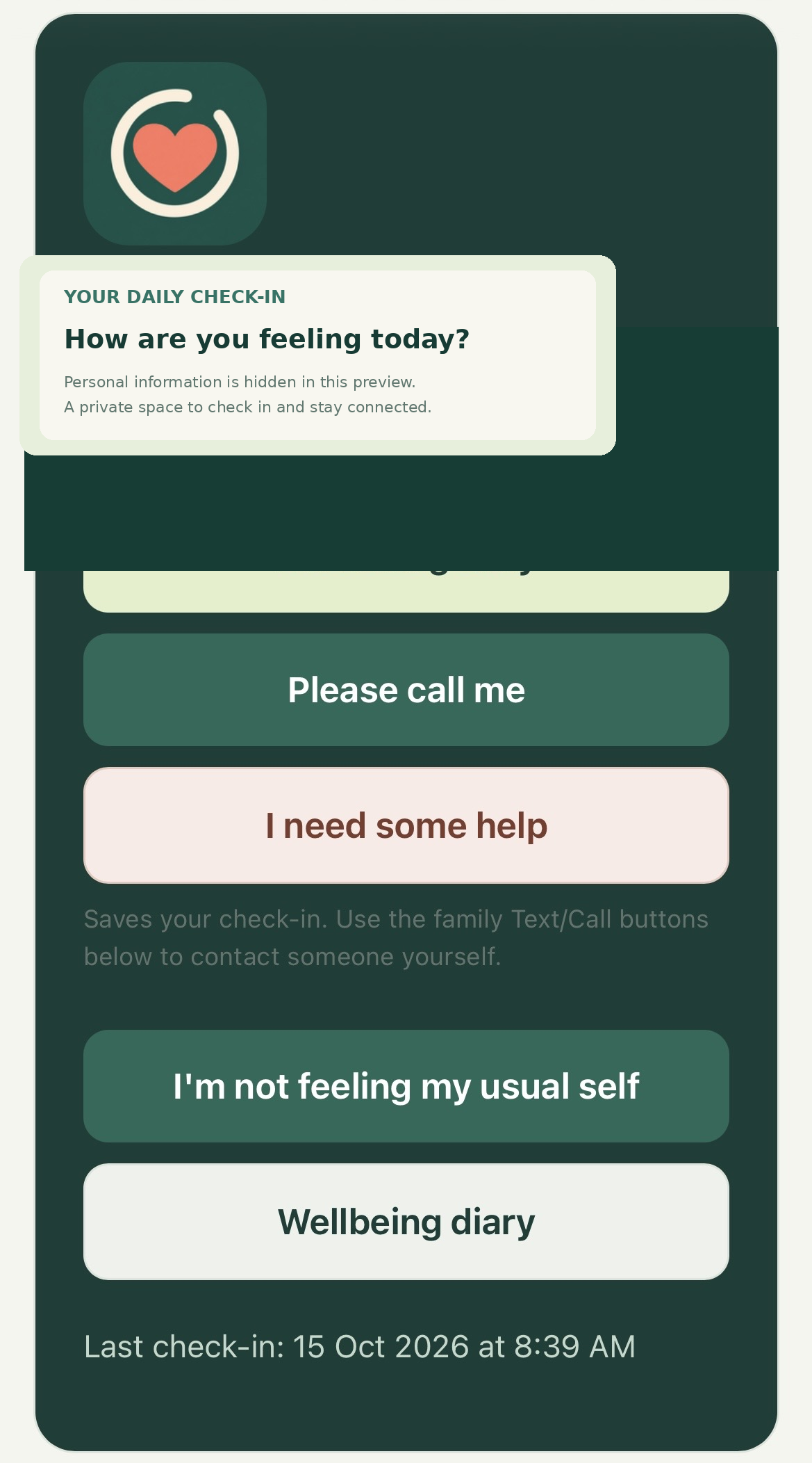 CareCircle check-in screenshot, redacted