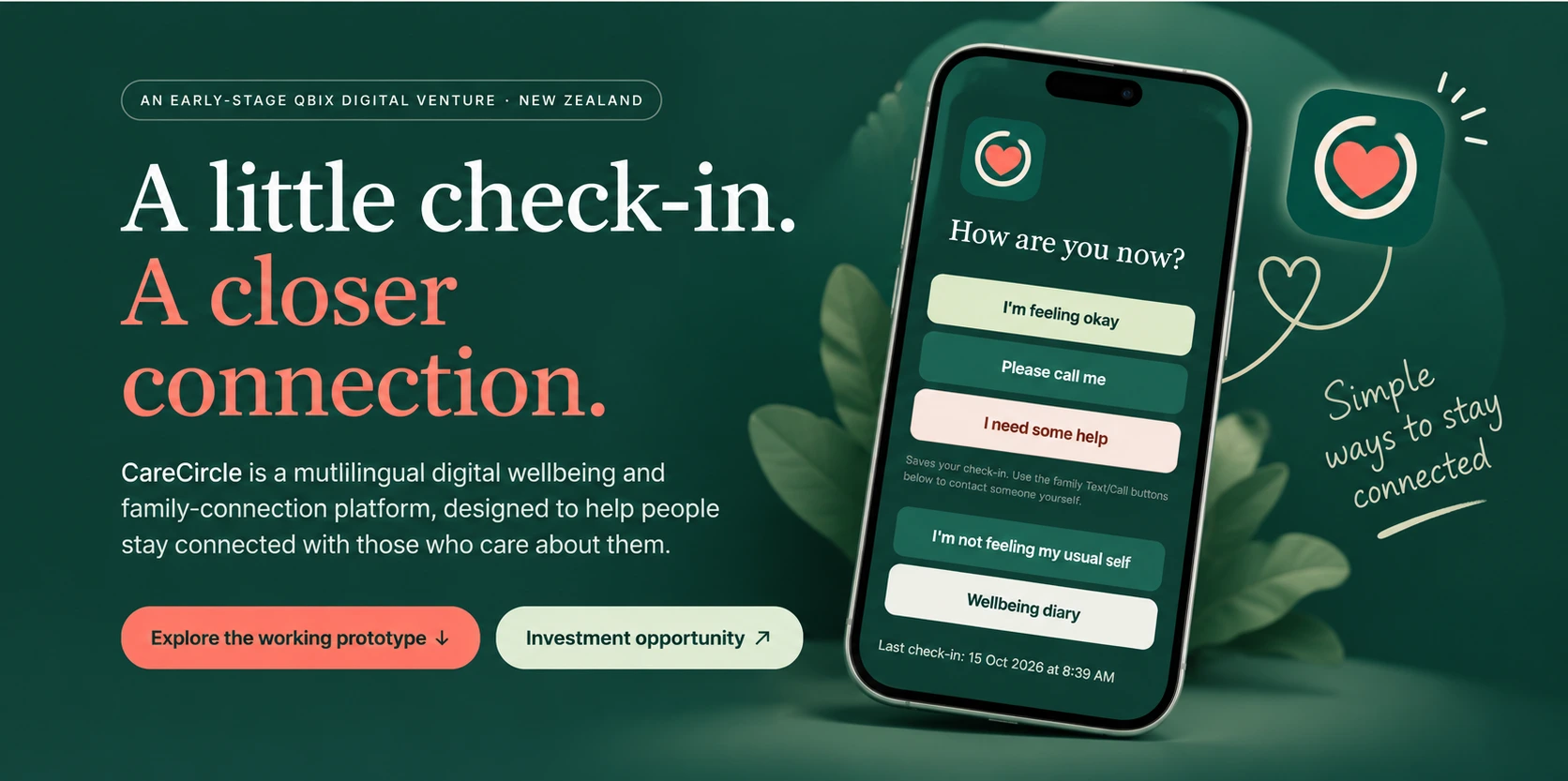 CareCircle: A little check-in. A closer connection. Professional phone illustration of the wellbeing check-in interface
