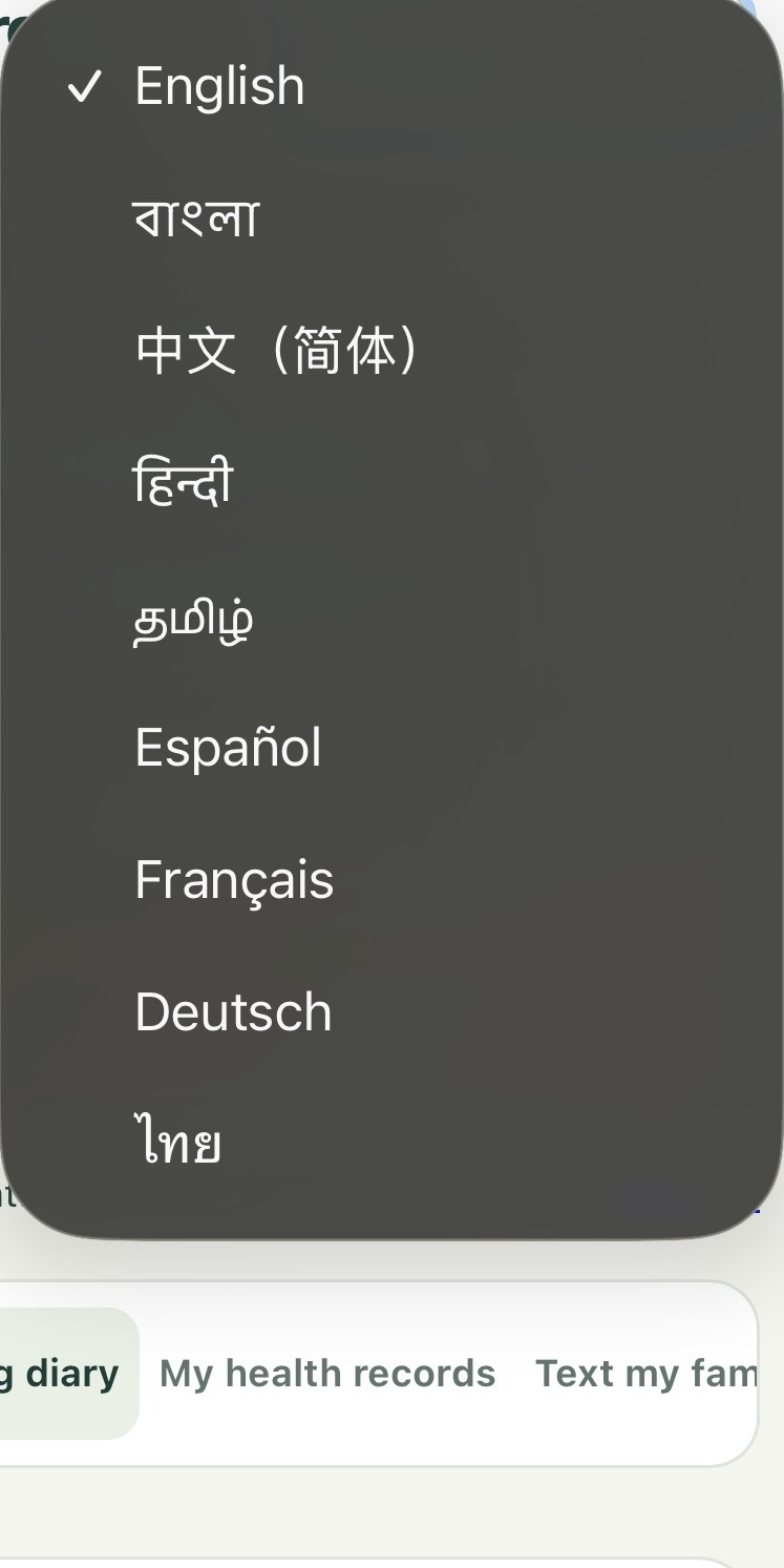 Actual CareCircle language selection interface showing nine options, cropped to exclude personal details